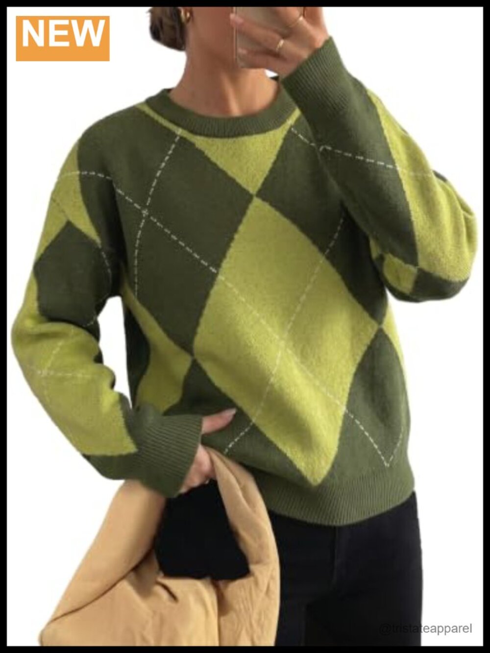 Women's Plaid Cable Knit Pullover Sweater Long Sleeve Crew Neck Casual